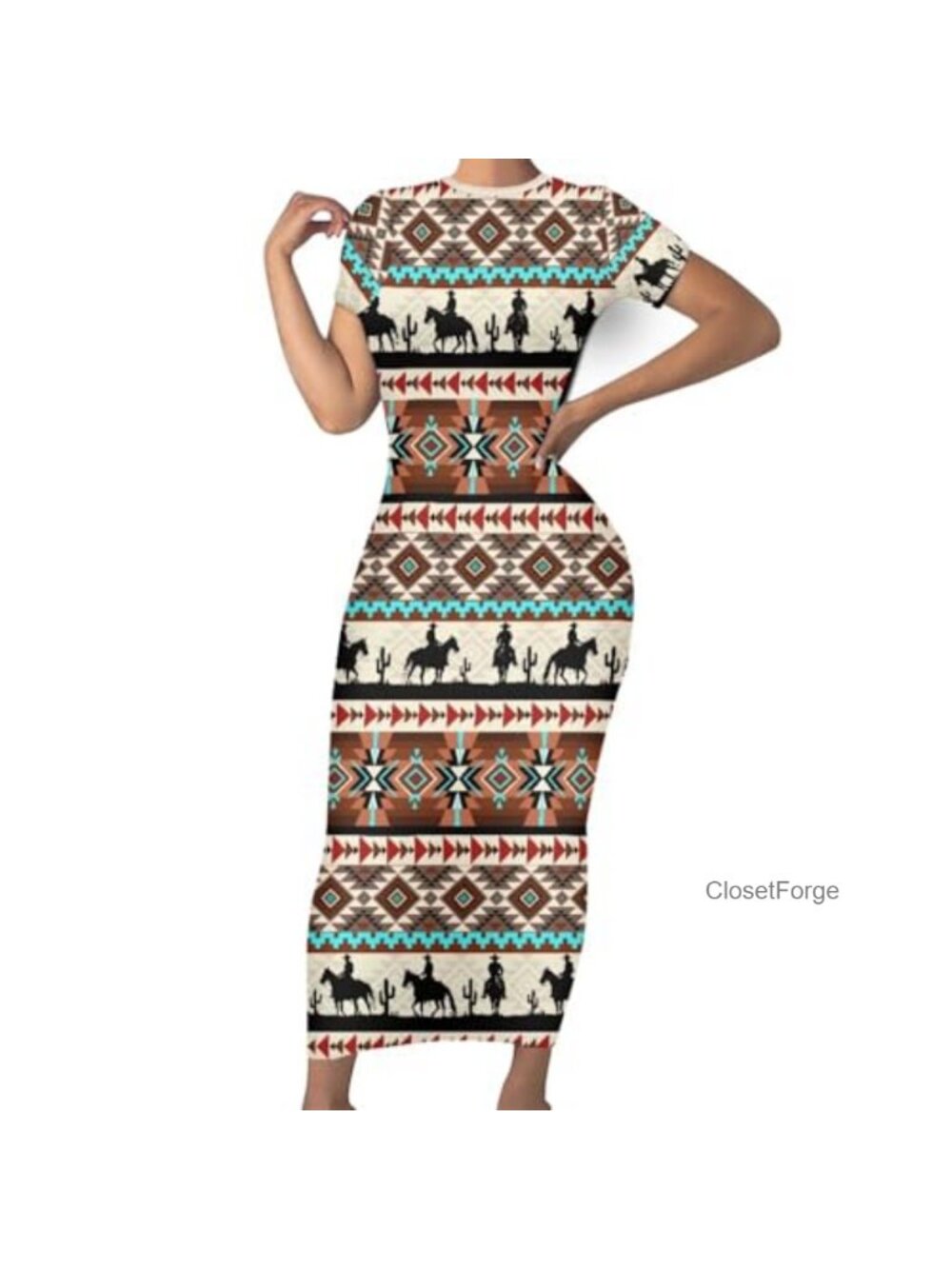 Women's Aztec Tribal Print Bodycon Dress Short Sleeve High Neck Casual